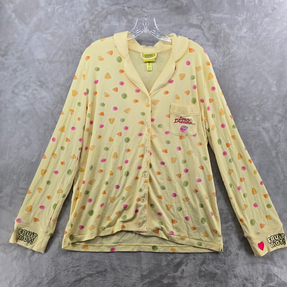 Fruit Riot Women M Pajama Top Yellow Sour Candy Ribbed Sour Dreams Button Up